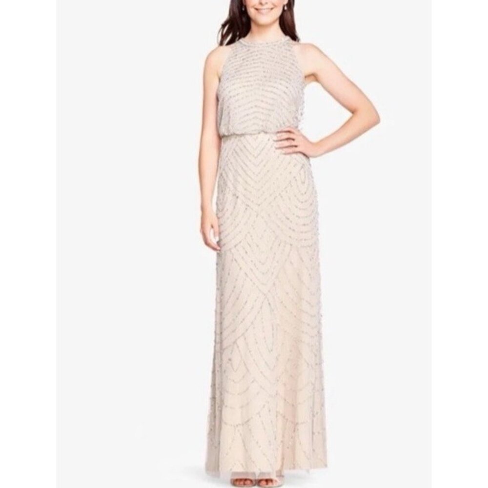 Adrianna Papell Long Formal Dress 8 Blush Sequin Sleeveless Wedding Party Cruise